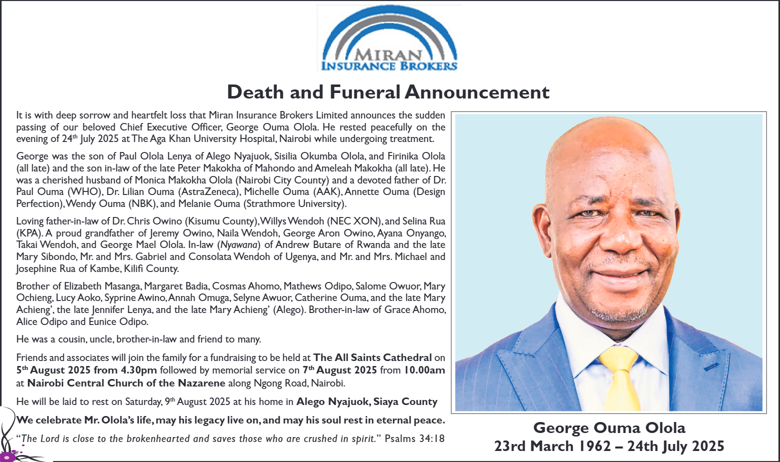 George Olola Memorial Announcement - English